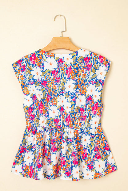 Floral Bow Tie Sleeveless Peplum Blouse