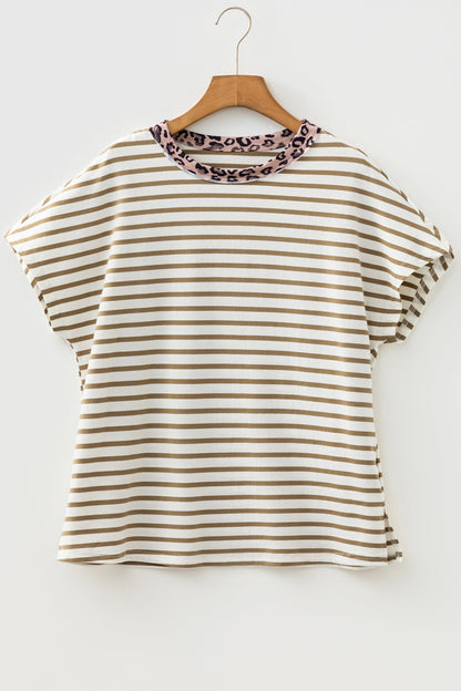 Stripe Leopard Patchwork Round Neck Loose T-Shirt