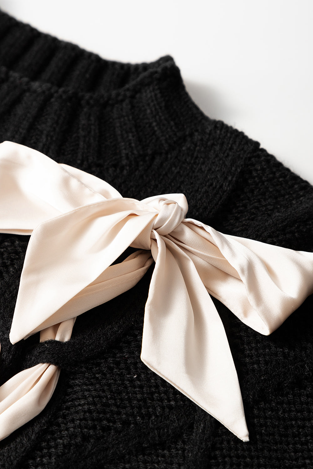 Cable Knit Colorblock Satin Bowknot Sweater