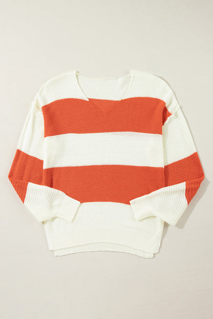 Colorblock Stripe Drop Shoulder Bubble Sleeve Sweater