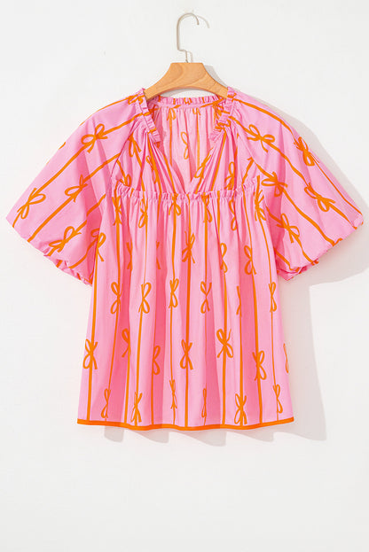 Plus Size Bowknot Shirred V-Neck Blouse