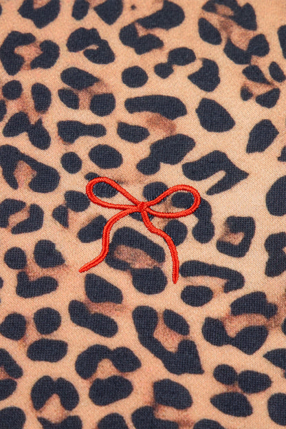 Leopard Bow Embroidered Pullover and Pants Set