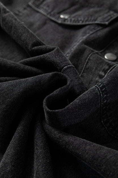 Solid Denim Chest Pocket Raw Hem Shirt Dress