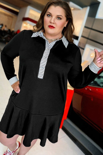 Plus Size Stripe Cuffs Collared Ruffle Hem Dress