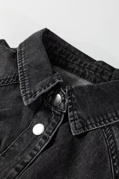 Solid Denim Chest Pocket Raw Hem Shirt Dress