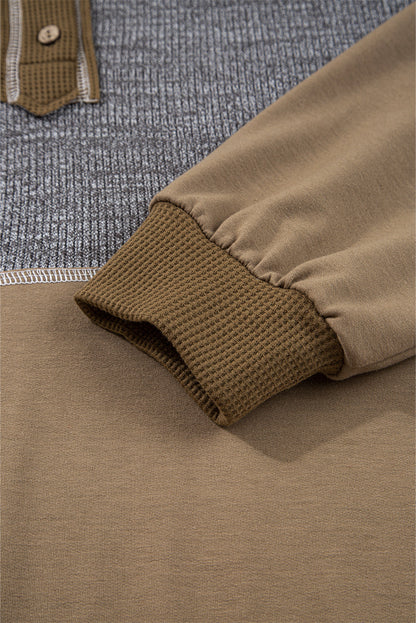 Waffle Knit Patchwork Buttoned Hooded Sweatshirt