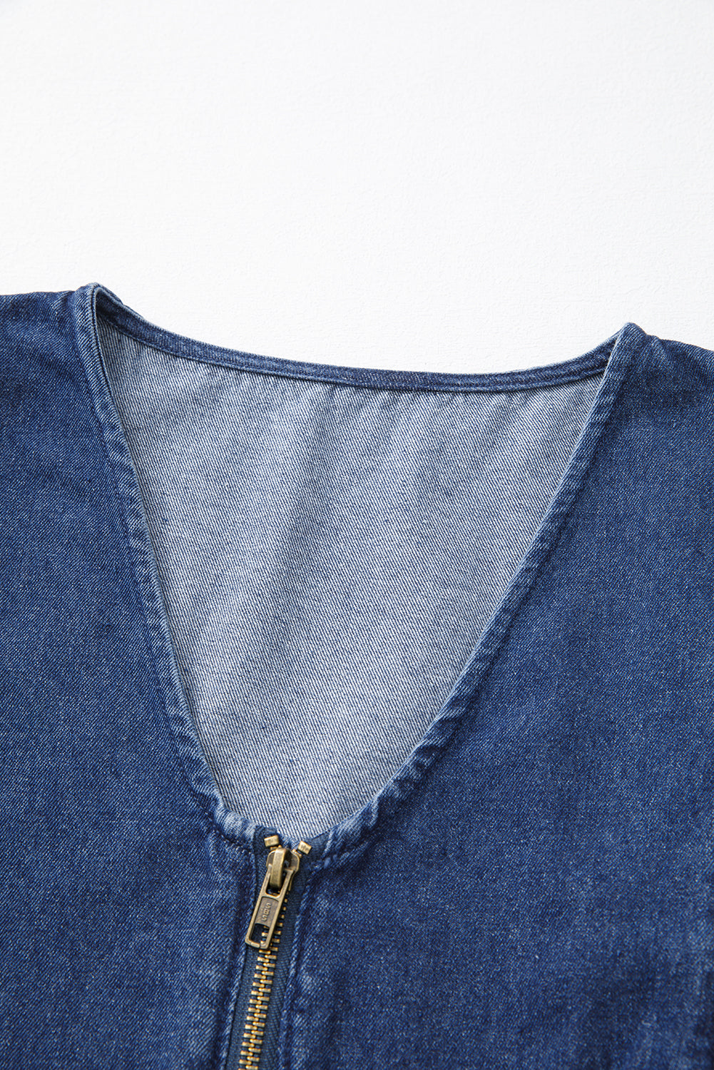 Denim Ruffle Zip Front Belted Romper