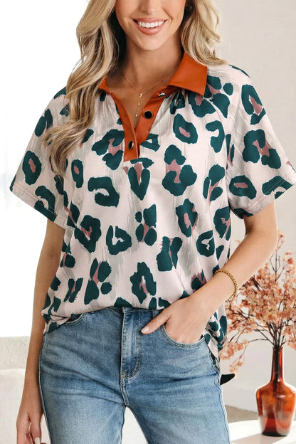 Leopard Button Contrast Collar Short Sleeve Blouse