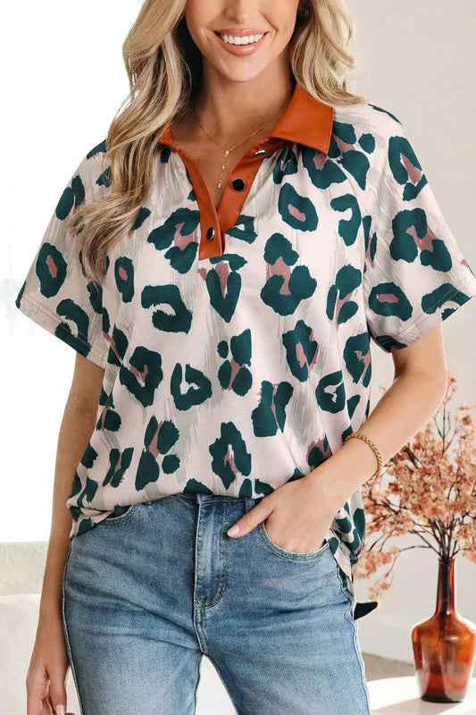 Leopard Button Contrast Collar Short Sleeve Blouse