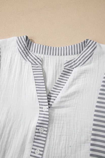 Stripe Half Button Gauze Patchwork Babydoll Blouse