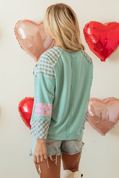 Valentine Heart Plaid Floral Patchwork Long Sleeve Top
