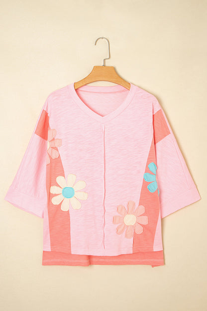 Flower Patch Exposed Seam Bracelet Sleeve T-Shirt