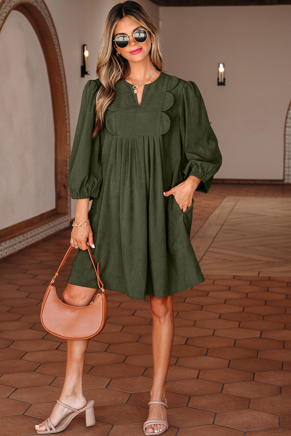 Corduroy Pleated Scallop Neck 3/4 Sleeve Mini Dress