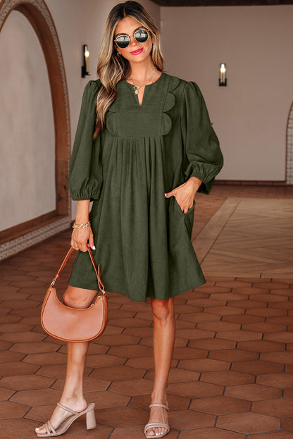 Corduroy Pleated Scallop Neck 3/4 Sleeve Mini Dress