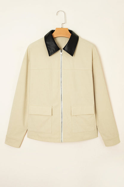 Textured Zip-Up Collared Faux Leather Jacket