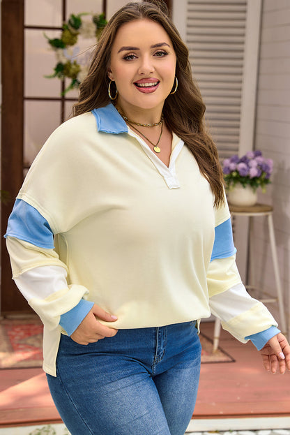 Plus Size Colorblock Raw Seam Patchwork V-Neck Pullover