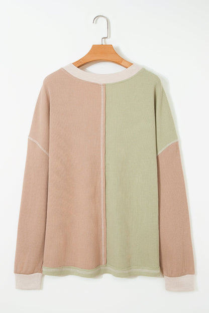 Plus Size Mix Texture Colorblock V-Neck Top
