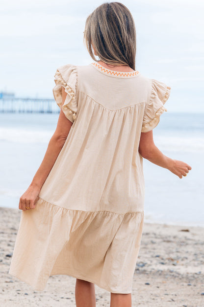 Linen Embroidery Pom Pom Ruffle Dress