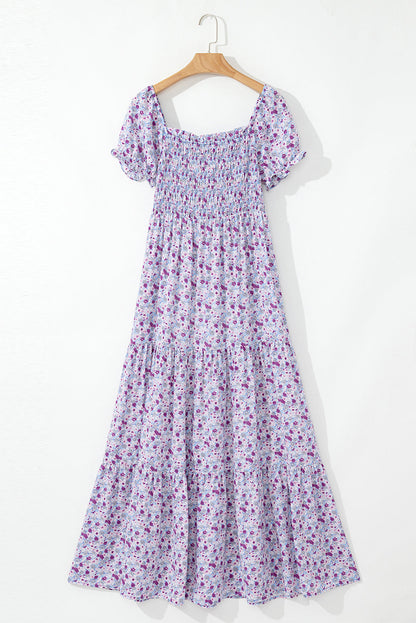 Floral Bubble Sleeve Shirred High Waist Maxi Dress