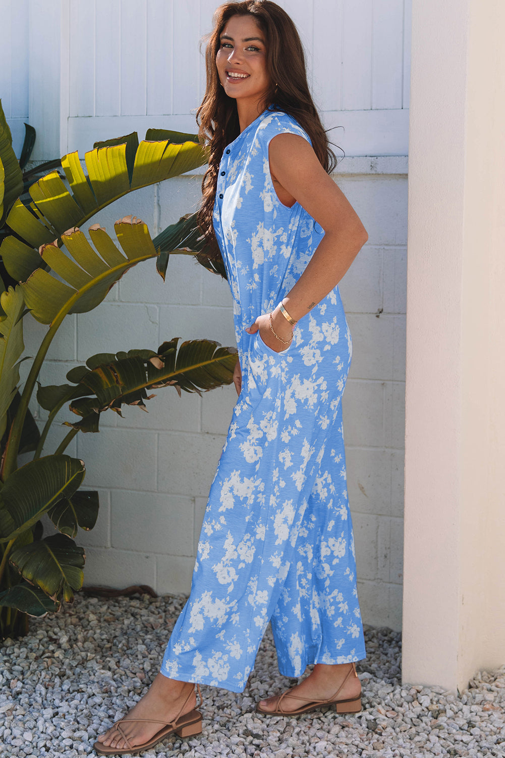Floral Half-Button Sleeveless Wide Leg Jumpsuit