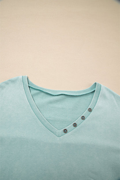 Mineral Wash Reverse Seam Buttoned V-Neck Top