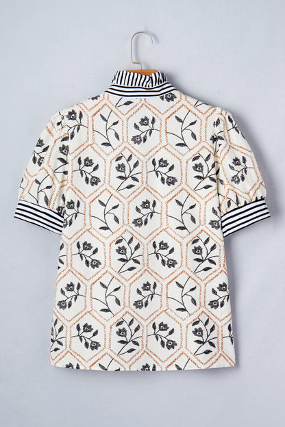 Floral Stripe Patchwork Button Neck Blouse