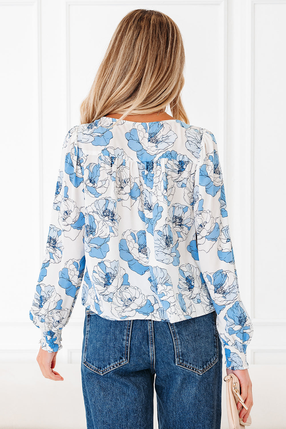 Floral Frilly Smocked Square Neck Long Sleeve Blouse