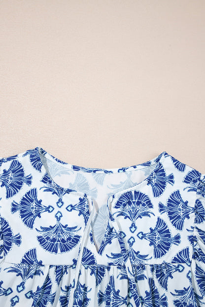 Geometric Tassel Drawstring V-Neck Blouse