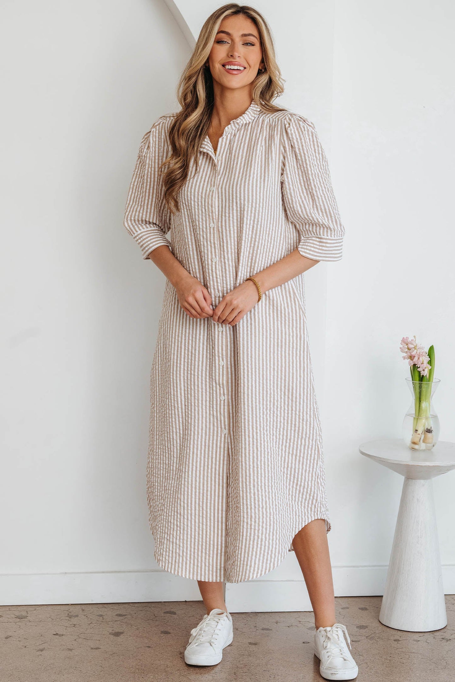Stripe Frill Collar Half Sleeve Maxi Dress