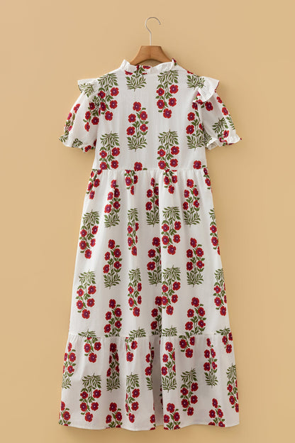 Floral V-Neck 3/4 Sleeve Loose Mini Dress