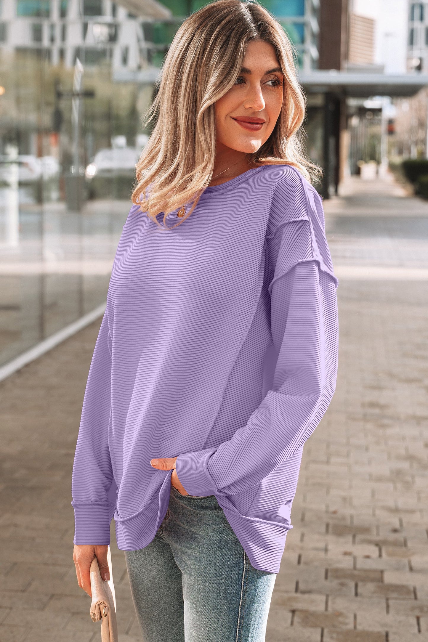 Horizontal Ribbed Exposed Seam Pullover
