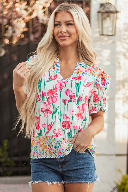Floral Stripe Detail Split Neck Short Sleeve Blouse