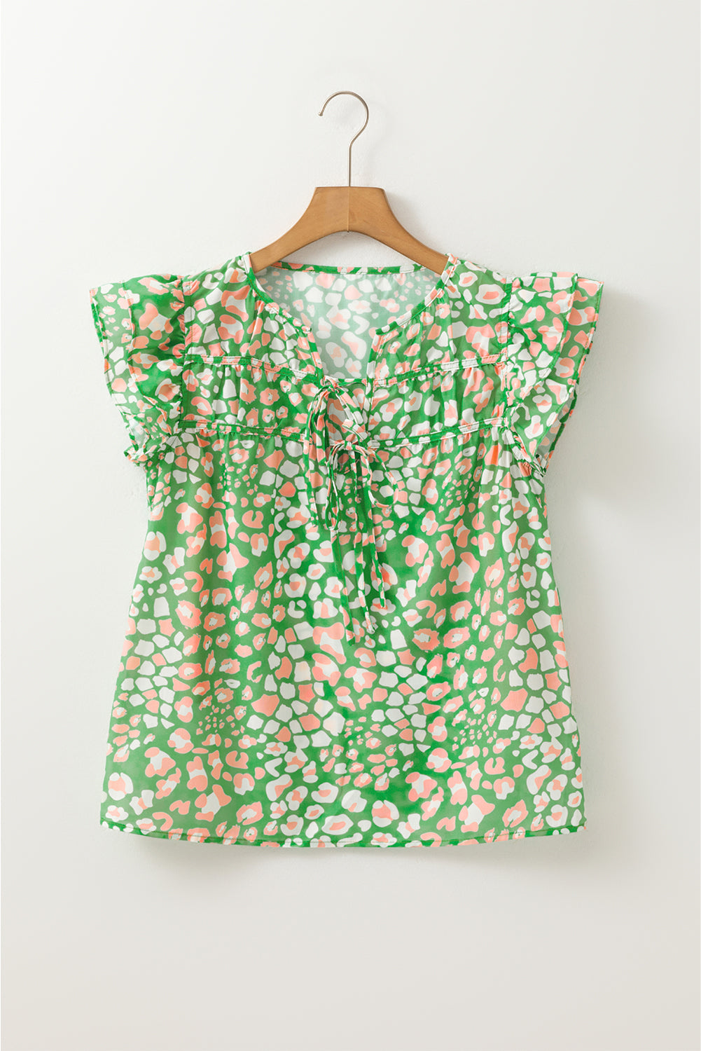 Abstract Leopard Tied Front Flutter Sleeve Blouse