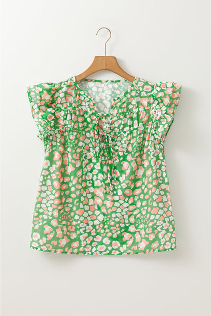 Abstract Leopard Tied Front Flutter Sleeve Blouse