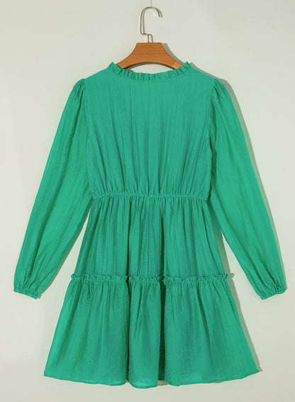 Solid Frilly V-Neck Puff Sleeve Mini Dress