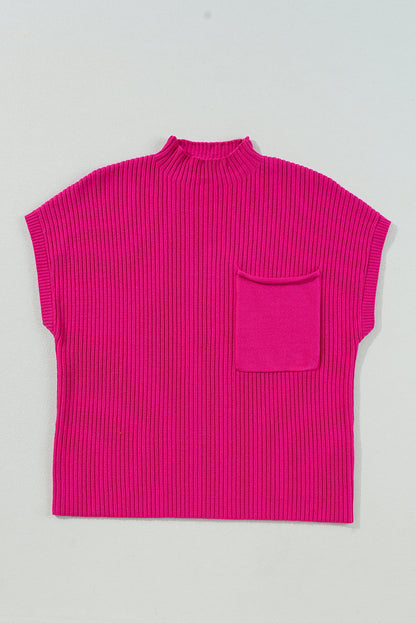 Solid Ribbed Knit Patch Pocket Short Sleeve Sweater