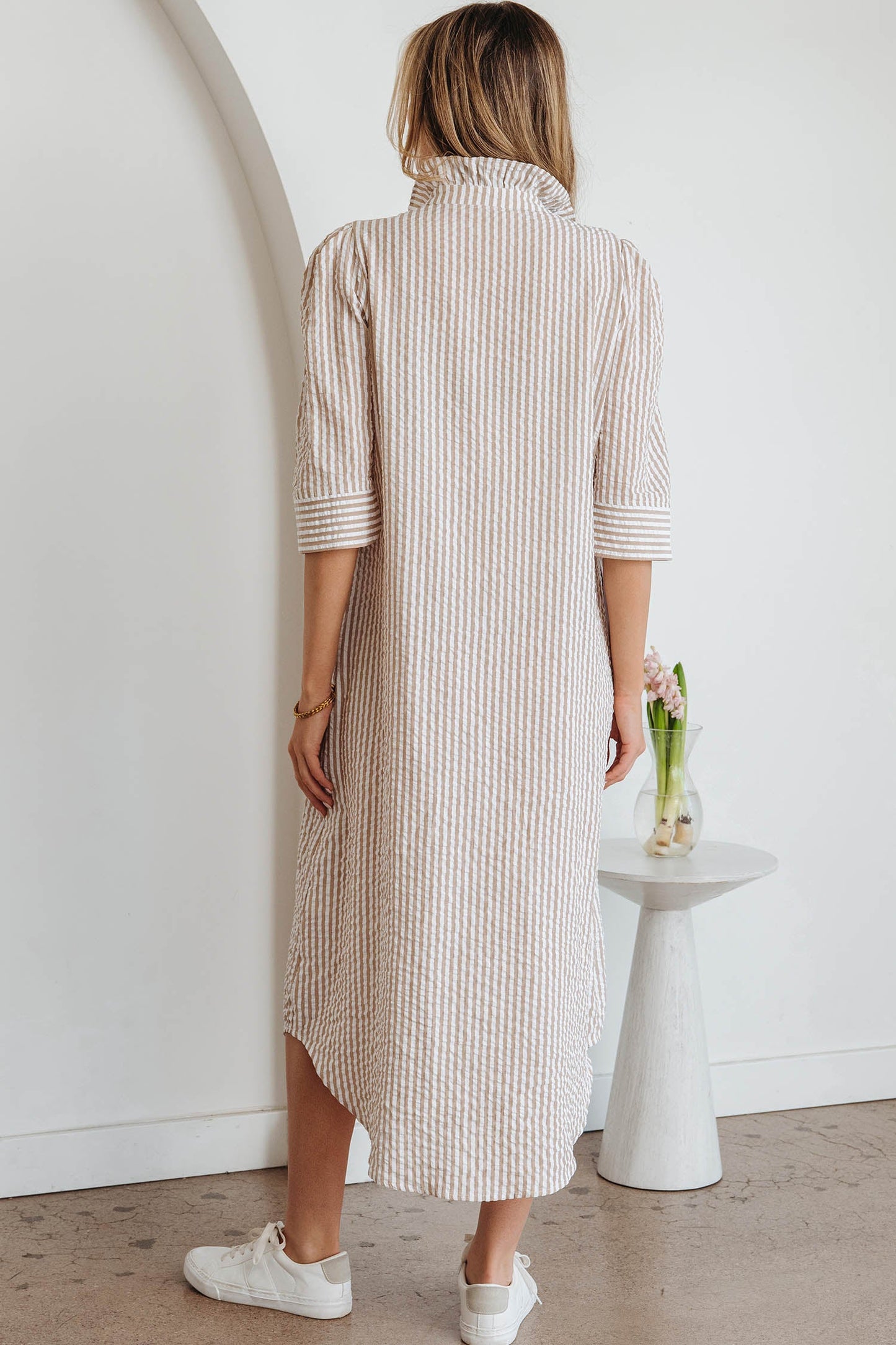Stripe Frill Collar Half Sleeve Maxi Dress