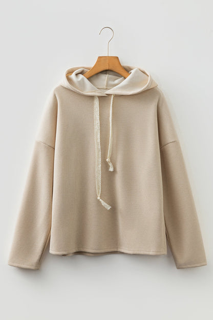 Ribbed Knit Leopard & Lace Drawstring Hoodie