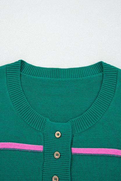 Plus Size Stripe Half Button Drop Shoulder Sweater