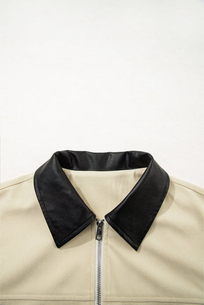 Textured Zip-Up Collared Faux Leather Jacket