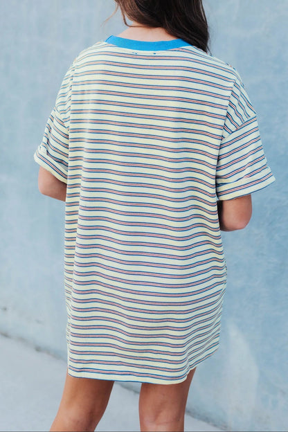 Stripe Drop-Shoulder Cuff-Sleeve Loose Tunic Dress