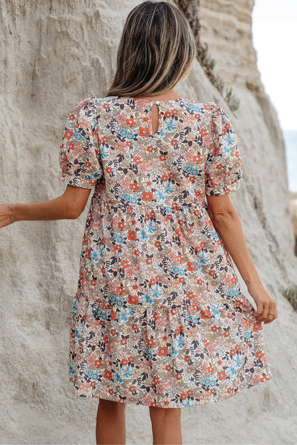 Floral Bohemian Short Puff Sleeve Mini Dress