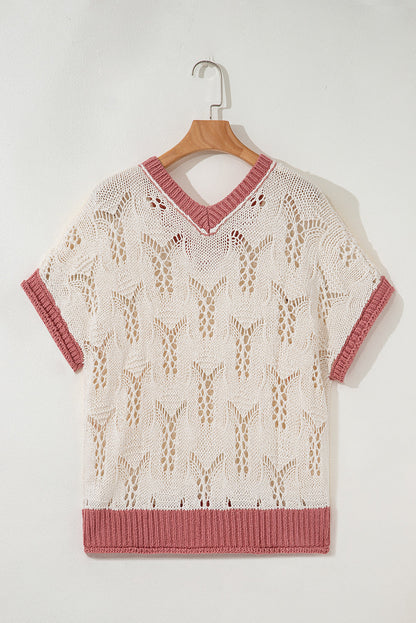 Flowers Embroidered Colorblock Edge Hollowed Sweater