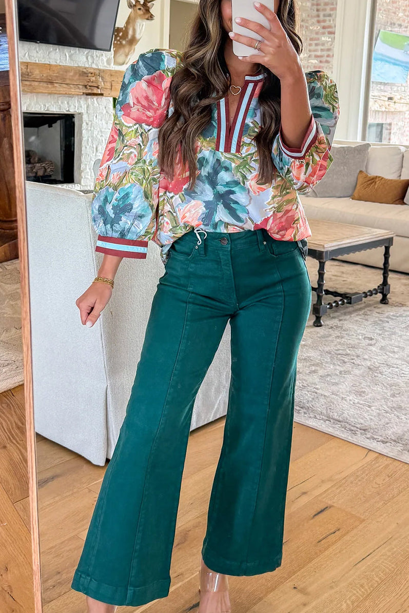 Floral Contrast Trim V-Neck Cuffed Sleeve Blouse