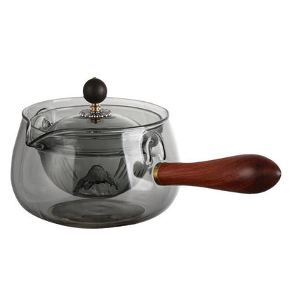 Rotary Glass Teapot with Infuser and Wooden Handle