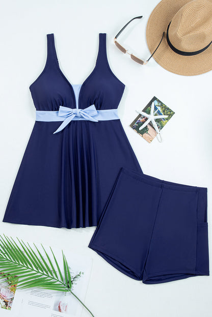 Floral Colorblock Patchwork Bow Sleeveless Swim Dress