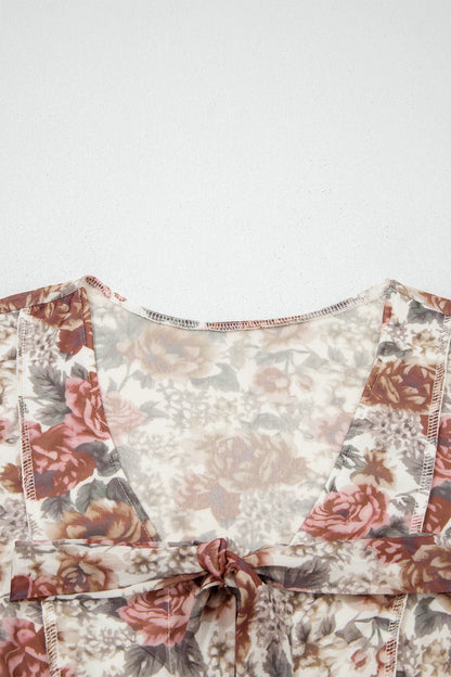Floral Stitch Tie V-Neck Bell Sleeve Blouse
