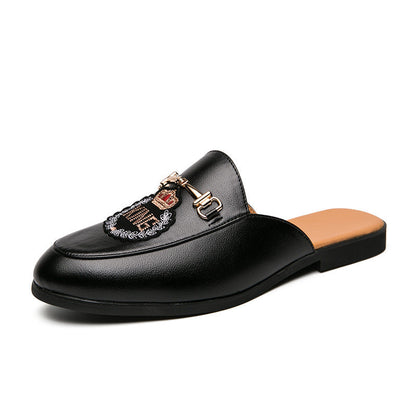 Men's Closed Toe Half Slippers: Bright Leather, Fashion Embroidery