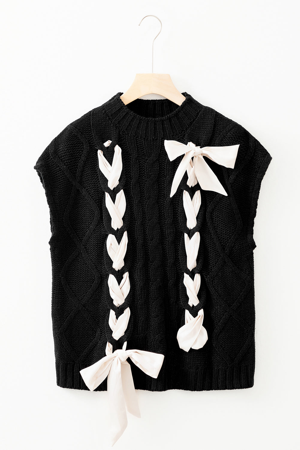 Cable Knit Colorblock Satin Bowknot Sweater