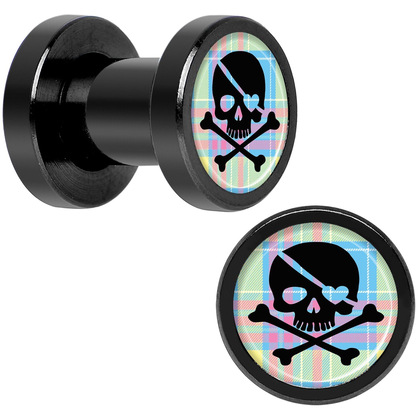 Pink Green Plaid Heart Skull Black Anodized Screw Fit Plug Set 4G